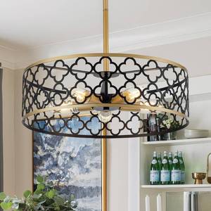 lot 47092 image: 5-Light Drum Chandeliers for Dining Room,19.7 Rustic Farmhouse Dining Room Light Fixture, Black&Gold Metal Hanging Pendant Light for Living Room Bedroom Kitchen Entryway Foyer - Retail $120