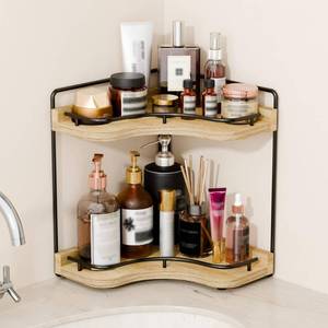 lot 47126 image: 2-Tier Corner Bathroom Counter Organizer for Storage, Light Brown - Retail $28