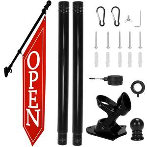 lot 47133 image: OPEN Flag with Pole Kit - Heavy Duty Canvas Open Banner for Business Storefront, 42x12 Inch Outdoor Double-Sided Sign with Bracket - Advertising Signage for Retail & Shops (Red) - Retail $33