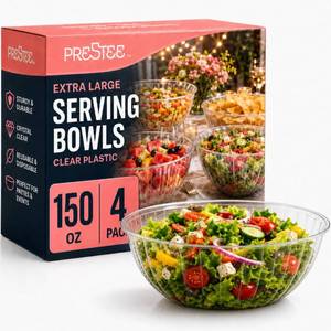 lot 47137 image: 3 Pack Clear Plastic Serving Bowls 150 Oz - Large Round Punch Bowl and Plastic Bowls for Parties, Salads, Chips, and Catering - Durable Disposable Serving Bowl for Events and Buffets - Retail $34