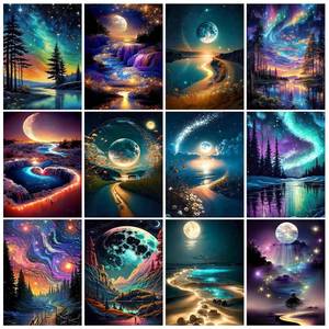 lot 47147 image: 12 pk 5D Large Advanced Diamond Art Kits for Adults Multiple Packs DIY Club Round Full Drill Diamond Painting Moon Colorful with Crystal Gem Art Painting Kits Set Beginners Canvases12 x 16 Inches - Retail $30