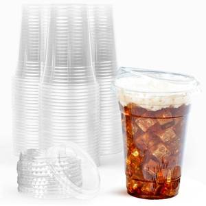 lot 47148 image: 100 Clear Disposable Iced Coffee Cups with Lids, 16oz - Plastic Cups with Strawless Sip Lids - Durable Cold Brew, Smoothie, or Beverage Cup for On-the-Go, Christmas and Holiday Party Supplies - Retail $26