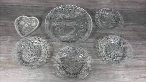 lot 106 image: Glass Decorative Plates and Dishes Lot 6 Pieces Floral Landscape Embossed