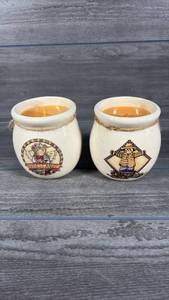 lot 117 image: 2 Decorative fall Candles in Cream Ceramic Jars with Rope Handles, Approximately 3.5 inches