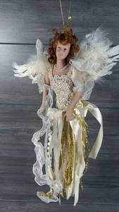lot 120 image: Angel Doll Ornament Feather Wings Cream Gold Ribbons