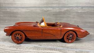Handcrafted Wood Convertible Sports Car Model with Orange Accents