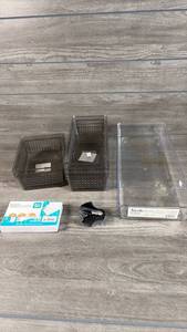 lot 163 image: Office Organization Lot Storage Baskets, Index Cards, staple remover