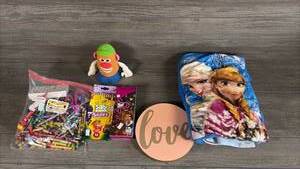 lot 172 image: Kids Lot Disney Frozen Throw Blanket Mr. Potato Head Crayola Pencils Monster High Box Crayons