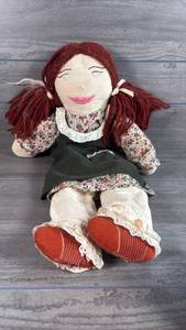 lot 182 image: Handmade Cloth Doll with Red Yarn Hair Green Dress Approximately 18 inches
