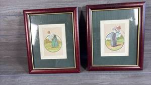 lot 200 image: Pair of Framed Golf Illustrations Women Playing Golf