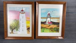 lot 203 image: Pat Amburgey Lighthouse Watercolor Paintings Framed Set of 2