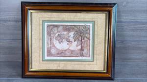 lot 204 image: Framed World Map Print with Palm Tree and Double Hemisphere Cartography