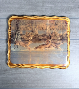 lot 224 image: Framed Wildlife Print Deer in Stream Wavy Wood Border