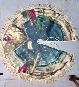 lot 227 image: Round Tapestry Tree Skirt with Fringe, Nativity Scene Print, Approximately 24 inches&nbsp