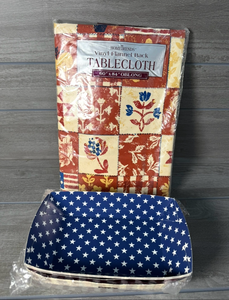 lot 251 image: Home Trends Vinyl Flannel Back Tablecloth 60 x 84 Oblong and disposable party boats