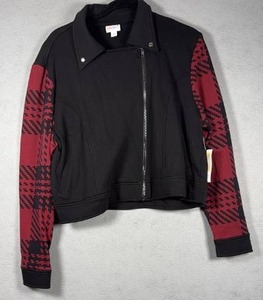 lot 342 image: LulaRoe Zip-Up Jacket XL Black Red Houndstooth Print