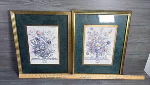 lot 371 image: 2 Framed Botanical Floral Arrangement Prints Green Mat Gold Frame