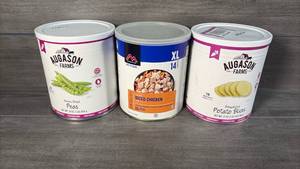 lot 380 image: Augason Farms Freeze-Dried Peas 16oz, Dehydrated Potato Slices 17oz, Mountain House Diced Chicken XL 14 Servings Lot