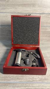 lot 384 image: Wine Accessory Set Red Box Corkscrew Foil Cutter Stopper Pourer