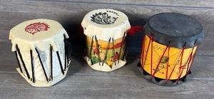lot 498 image: 3 Decorative Hand Drums with Painted Design and Cord Lacing