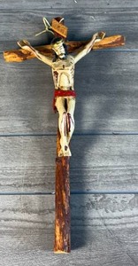 lot 499 image: Hand-Carved Wooden Crucifix with Carved Figure and Wood Arms