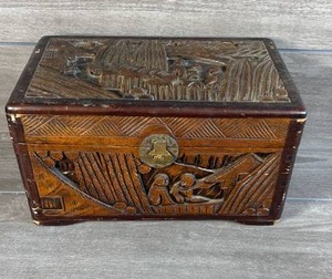 lot 502 image: Carved Wood Storage Trunk with Brass Hardware and Relief Panels