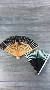 lot 509 image: Hand Fans Folding 2-Piece Lot Natural Wood Black White