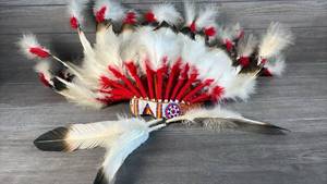 lot 512 image: Feather Headdress with Beaded Headband and Hanging Feather Drops