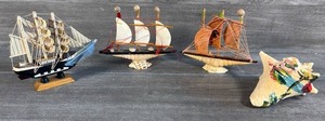 lot 518 image: Lot of 3 Decorative Miniature Sailing Ship Models and one painted shell