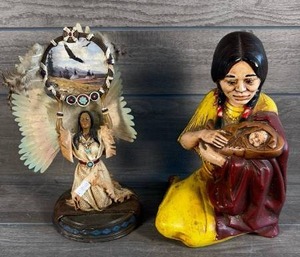 lot 525 image: 2 Figurines Native American Themed Carved Wood Decorative Statues
