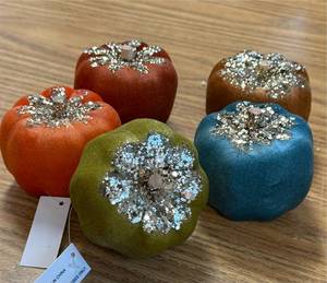lot 50 image: Set of 5 (3) Velvet Glitter Pumpkins by Valerie, Multicolor