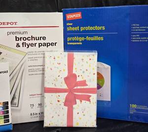 lot 878 image: Office Supply Lot Brochure Paper, Sheet Protectors, Fancy Stationary Paper and Envelopes, Photo Paper