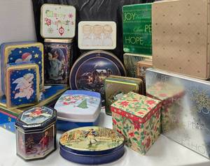 lot 902 image: Holiday Decorative Tins Lot 16 pieces CookieCandy Festive Storage Tins
