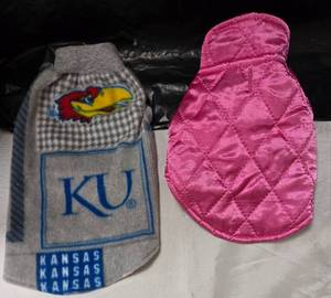 lot 907 image: Pet Garments One with KU logo and Jayhawk and One Bright Pink Quilted - Both are for Small Pet
