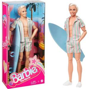 lot 934 image: Barbie The Movie Ken Doll Wearing Pastel Pink and Green Striped Beach Matching Set with Surfboard