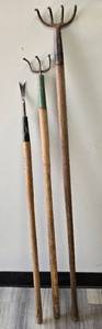 lot 971 image: 3 Garden Tools - Cultivator Fork Spade Wood Handles