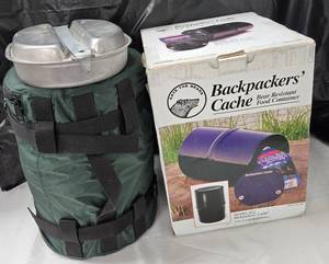 Backpacker Bear Resistant Food Container with added carrying case.  $80 list on Container Alone.  Looks new