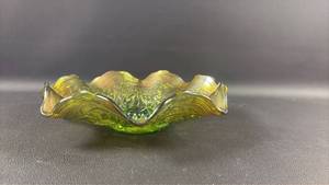 lot 19 image: Rare Vintage Imperial Grape Carnival Glass Bowl Marigold Over Green, Ruffled Edge, 9 Inch