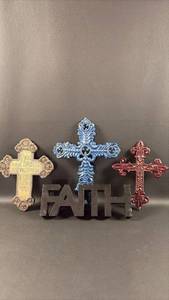 lot 21 image: Faith Text Decor and Decorative Wall Crosses. Pieces Blue( cast iron) Red ( resin) Cream (plaster resin)