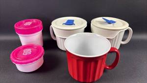 lot 29 image: Corning Ware Lidded Mugs and Container Set with Lids