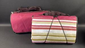 lot 32 image: 2) New Picnic Blankets with Carrying Strap Dark Pink and Green Stripes