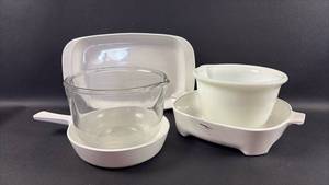lot 34 image: Corning Ware and Corning Ware Style Casseroles and Hamilton Beach Mixing Bowls