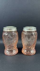 lot 36 image: Vintage Pair of Embossed Pink Glass Shakers with Strawberry Motif