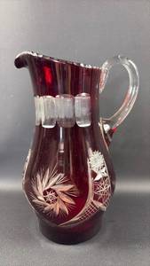lot 44 image: Vintage Bohemian Crystal Ruby Cut To Clear Pitcher 10.5 Inches Tall