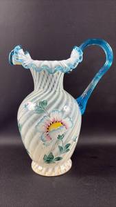 lot 48 image: Gorgeous Fenton Hand Painted Glass Pitcher Blue Handle Floral Design