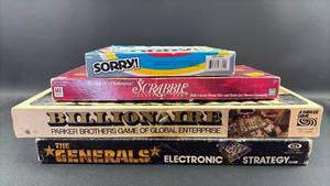 lot 54 image: Board Games Lot Sorry, Scrabble, Billionaire, The Generals Electronic Strategy