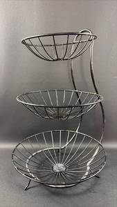 lot 62 image: Heavy Duty 3-Tier Wire Fruit Basket Stand 8.5, 10, and 12 inch diameter baskets