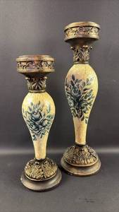 lot 63 image: Pair of Decorative Candlesticks with Crackle Glaze and Rose Decorative Accents 16 inch and 20 inches tall