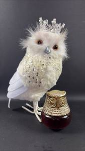 lot 64 image: Decorative Owl Figure White Feathers Crown Rhinestones and Avon Owl Perfume Bottle