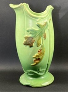 lot 74 image: Weller Art Pottery Green Ceramic Vase with Leaf Motif Approximately 9 inches Tall